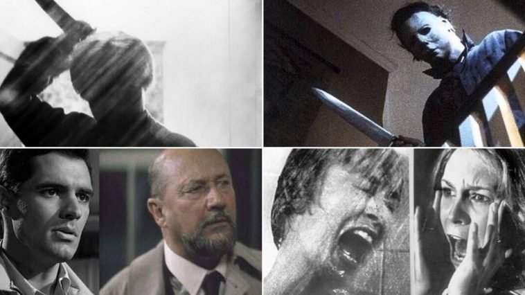 a series of shots from the psycho and halloween movies showing comparisons