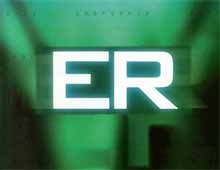The ER title card: green and black background with white letters ER in the center front.