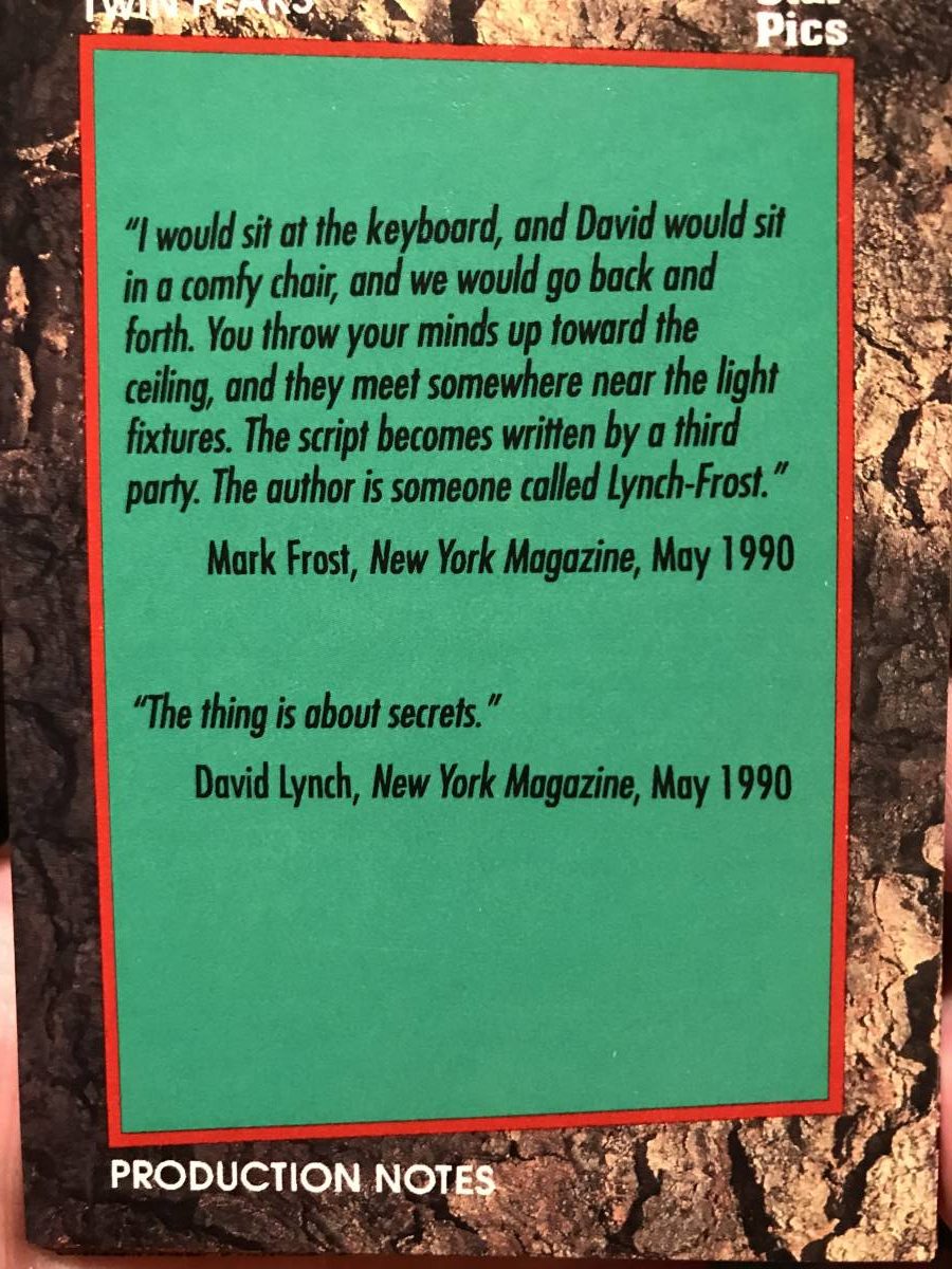 Star Pics Twin Peaks trading card with quotes from David Lynch and Mark Frost about their partnership