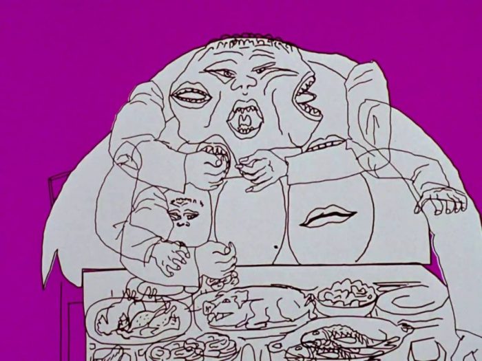 A large, blob-like man with six mouths and six arms eats food