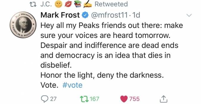 A twitter quote from Mark Frost urging Twin Peaks fans to vote.