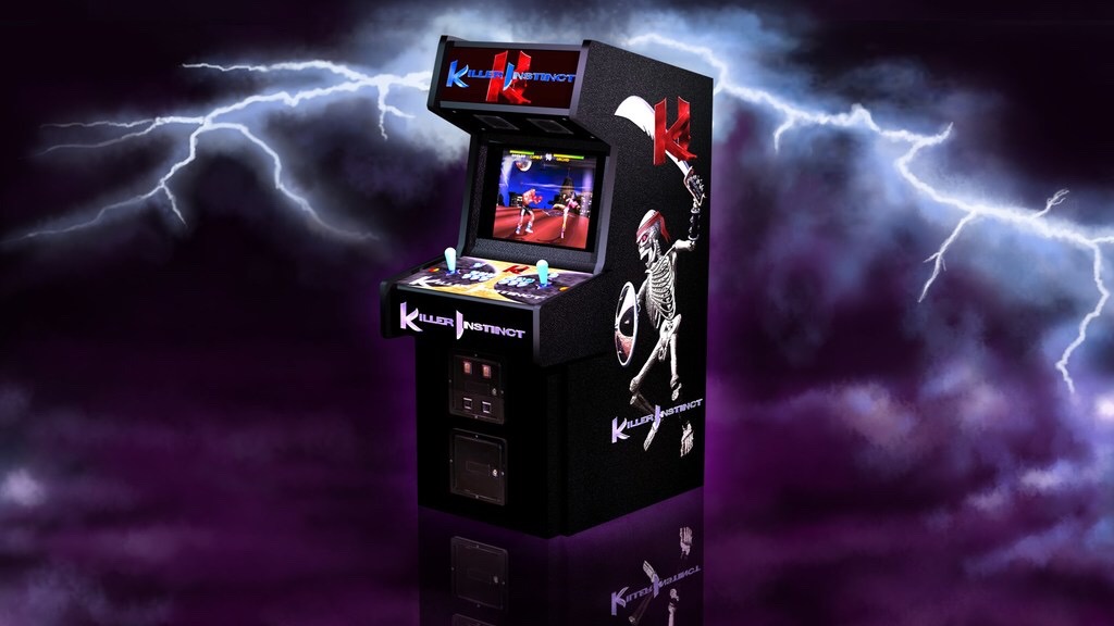 Behind a fake lightning filled skyscape, a Killer Instinct arcade cabinet sits in the middle of the image, on a 45-degree angle so we can see the front where the controller stick, buttons and screen are, and the side, where the artwork is on display.