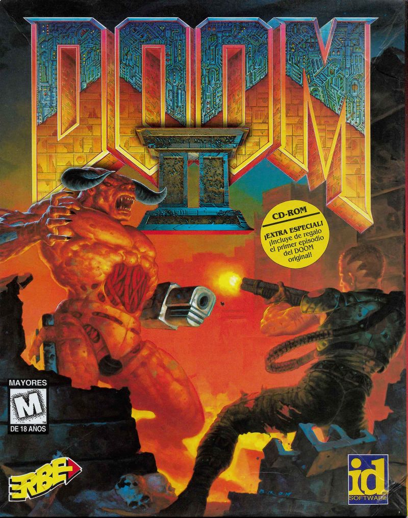 Doom II is written in metalic bold faced font at the top like elements of a builgin, while in red tones, a monster coming from the left is being fired at by a character with a gun on the right.