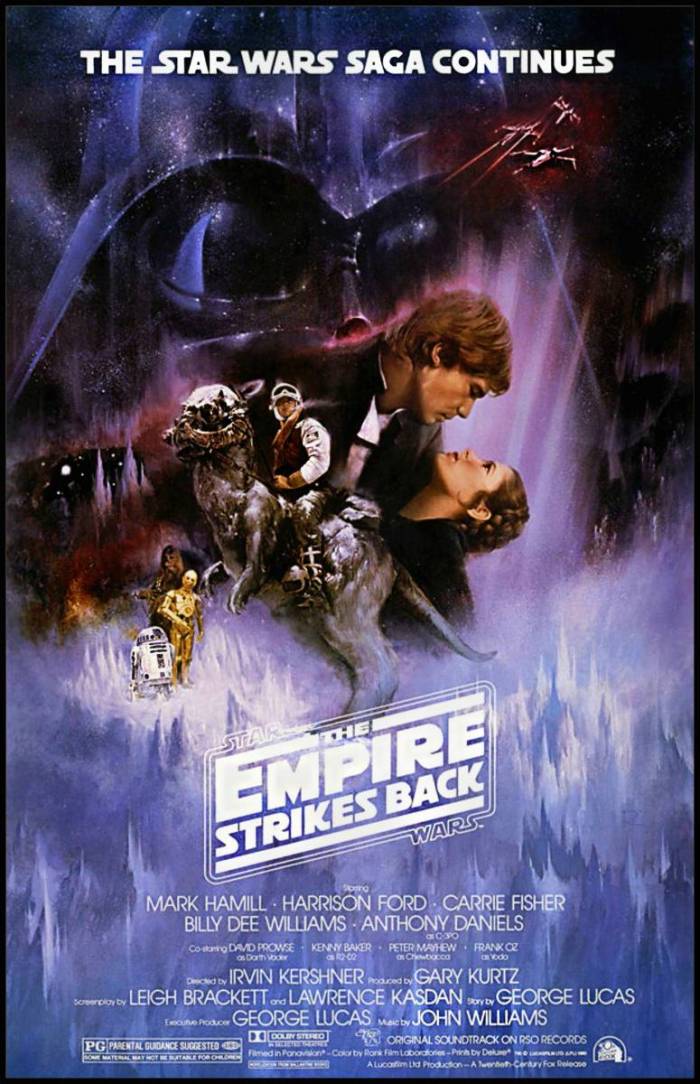 Luke Skywalker rides a Tauntaun creater while Han Solo and Princess Leia romantically embrace over an icy environment while Darth Vader looms in the background