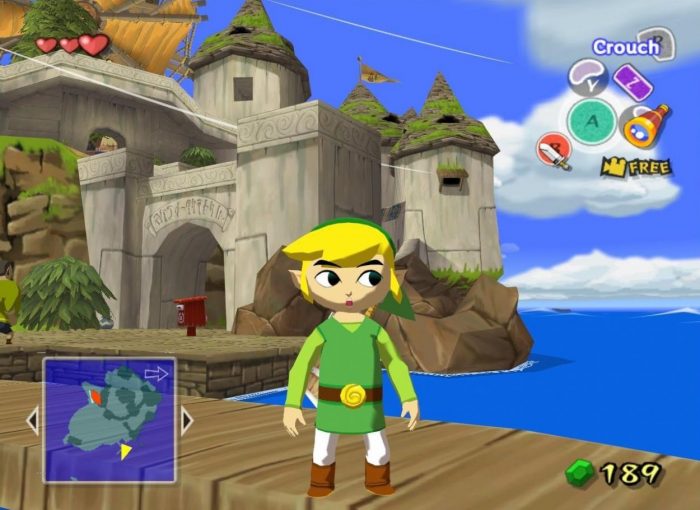 Link stands on a dock on Windfall Island, his curious eyes darting from side to side.