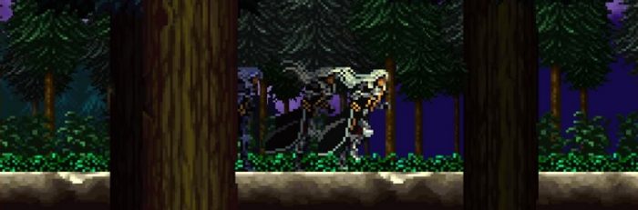 Alucard dashes at inhuman speed through the trees