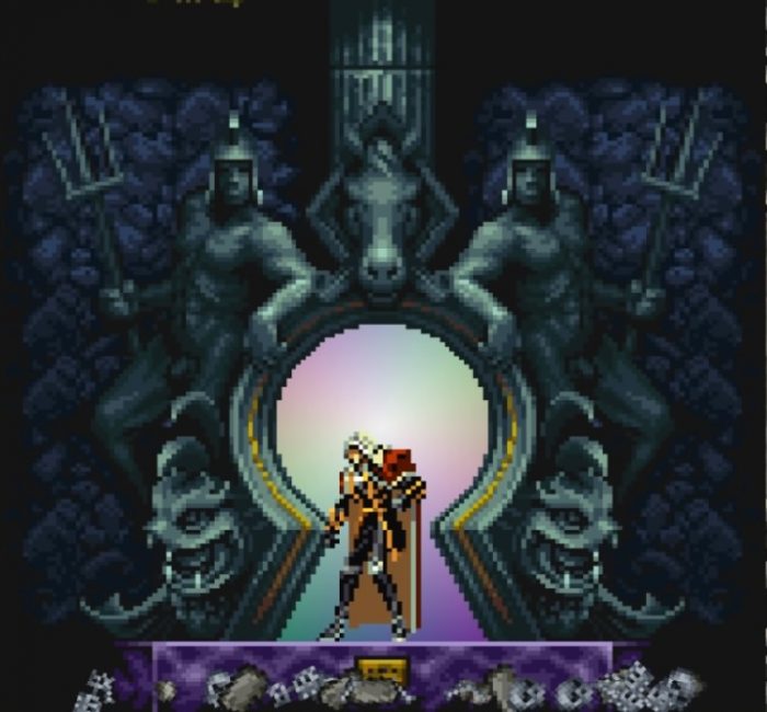 Alucard enters a giant keyhole that serves as a warp zone