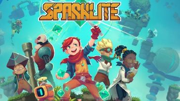 Sparklite's title screen, showing young Ada, the protagonist, a red haired girl, and her friends.