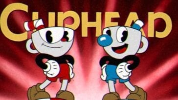 Two animated anthropomorphic cups Cuphead and Mugman smile.