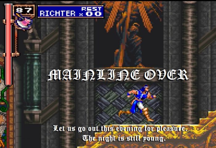 Trevor Belmont rushes through the cathedral stairway. The on screen text, meant to invoke the Game Over screen says: "Mainline Over", and includes the Game Over screen quote, "Let us go out this evening for pleasure. The night is still young."