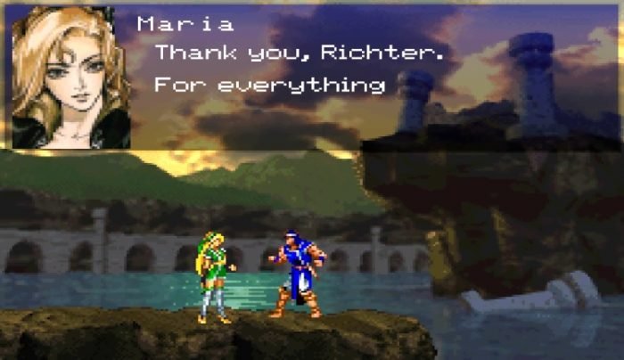 Maria and Richter stand on a ledge, the ruins of Castlevania behind them, Maria says, "Thank you, Richter. For everything."