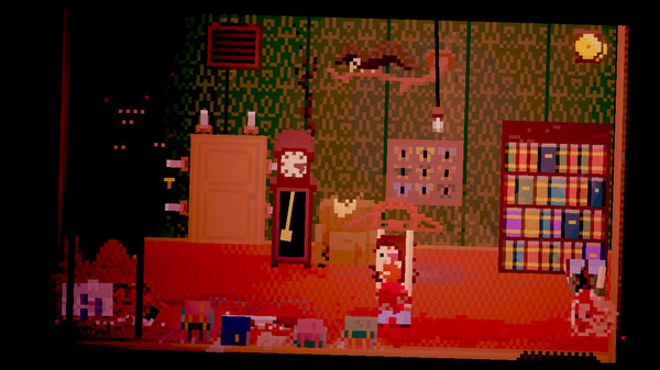 A character stands in a library holding a bear claw trap; a bloody corpse sits in the corner