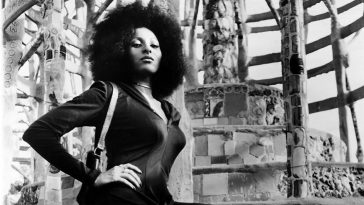 Foxy Brown (Pam Grier) satns on a set of steps near to a wall, with one hand on her hip and a holster visable on the shoulder of her catsuit