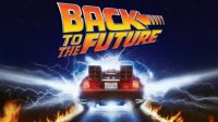 movie poster for back to the future, with the delorean in the background