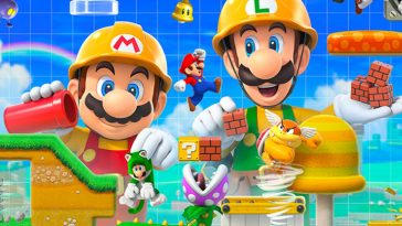 Cover art of Super Mario Maker 2 features Mario and Luigi in construction hats designing a course as a playable Mario runs through the level
