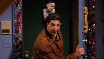 Ross Gellar stides into his sister's apartment with a tiny endearing monkey- named Marcel-on his back.