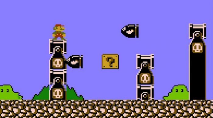 Mario spots a Question Mark Box surrounded by Bullet Bills