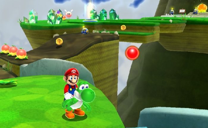 Super Mario Galaxy 2. In this image, Mario rides Yoshi, the green dinosaur with a bulbous nose through a bright, vibrant grassland.