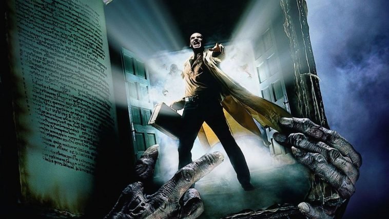 The cinematic poster for Tales from the Crypt with the demonic collector emerging from a book
