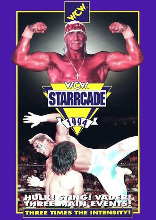 The poster shows two wrestlers in the ring on the bottom half, but the top half is dominated by the fexing torso and head of new arrival to WCW Hulk Hogan.