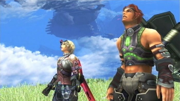 Shulk and Reyn look up at an off screen threat.