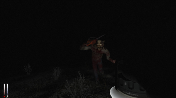 The player character Simon holds a lantern while a figure in a theater mask runs at him with a chainsaw