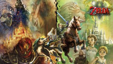 promotional art of the game, showing link on his horse epona, next midna on wolf-link, with a background full of characters and locations in the game