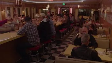 The crowded night shift at the Double R, as seen from the back of the booths looking towards the front door.