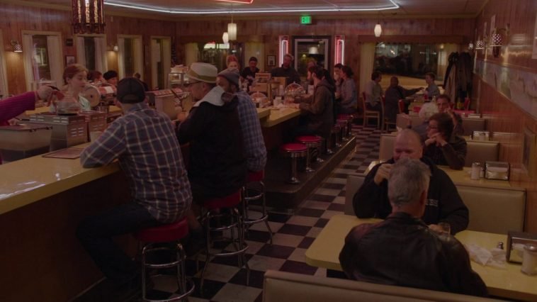 The crowded night shift at the Double R, as seen from the back of the booths looking towards the front door.