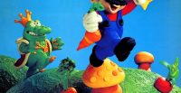 A claymation style depiction of Mario jumping off a muhroom as Wart the frog king follows him. The image graced the first cover of Nintendo Power
