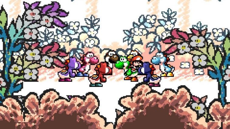 A group of multi-colored Yoshi gather around Baby Mario.