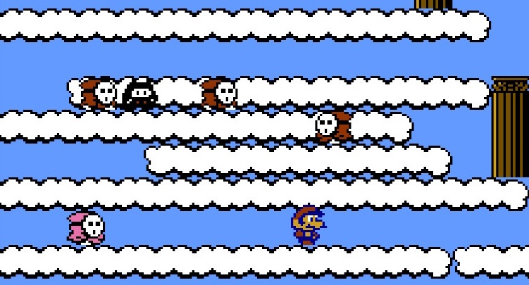 Mario navigates narrow rows of clouds and Shy Guys and Ninjis.