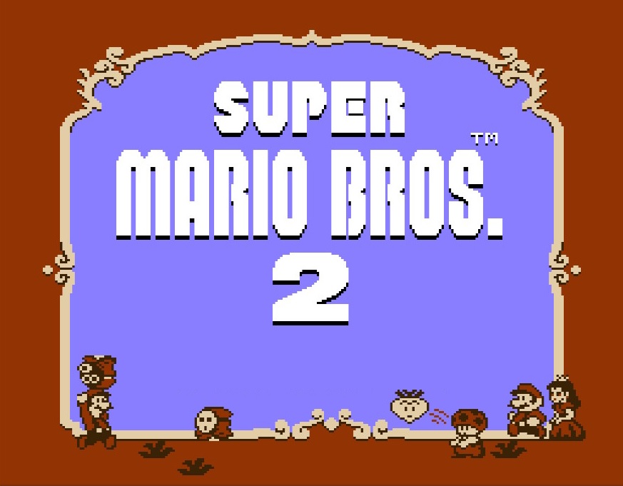 The Super Mario Bros 2 title screen. Mario and friends toss veggies and enemies