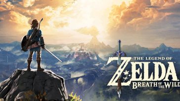 the cover art for the game. Link is staning on a cliff, looking out to the distance