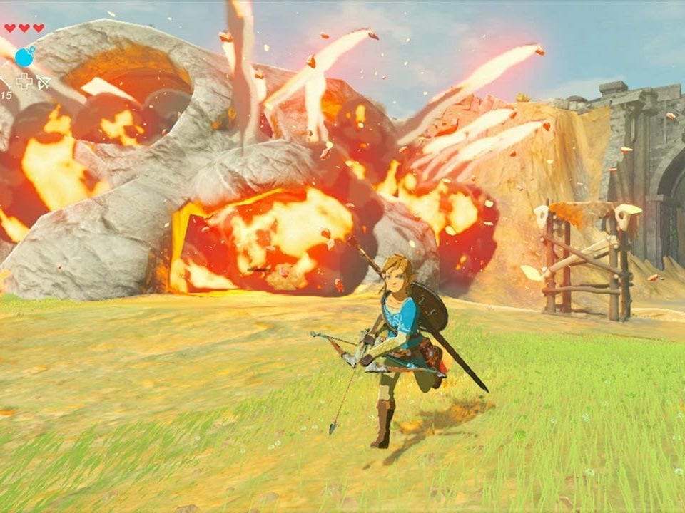 Link, having just fired a bomb arrow into a cave, with an explosion coming out of the cave.
