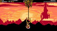King Knight holds a big gold ring being flown by some Propeller Rats while the sun sets and the Tower of Fate looms large in the background.