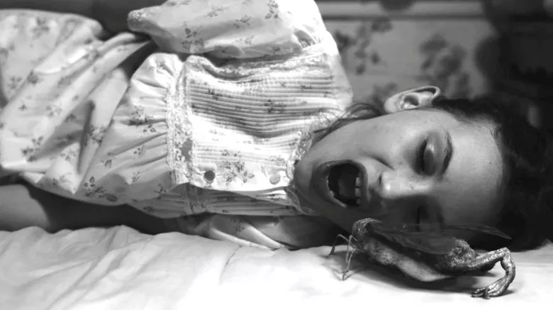 A young Sarah lies asleep with her mouth open and a frog/moth hybrid creature is about to crawl into it
