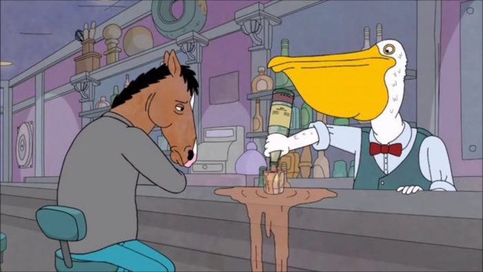 BoJack sitting at the bar while a pelican overflows his glass