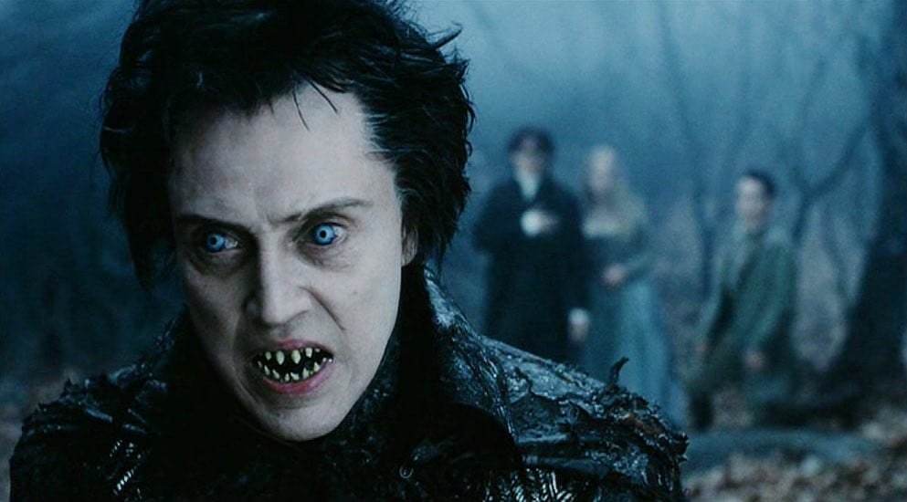 The horseman stands at the forefront with his jagged fangs bared with Ichabod, Katrina and Masbath in the background