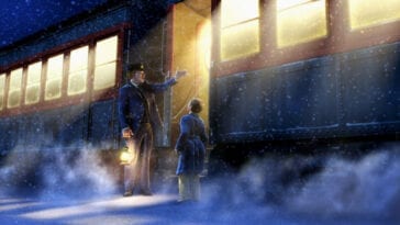 Standing next to the Polar Express, the boy gazes up at the conductor, who is explaining what the Polar Express is