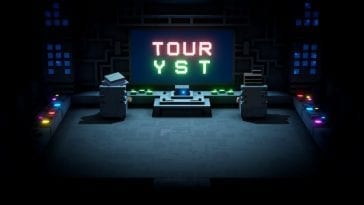 Two tourists sit at a giant console where the word TOURYST is spelled out.