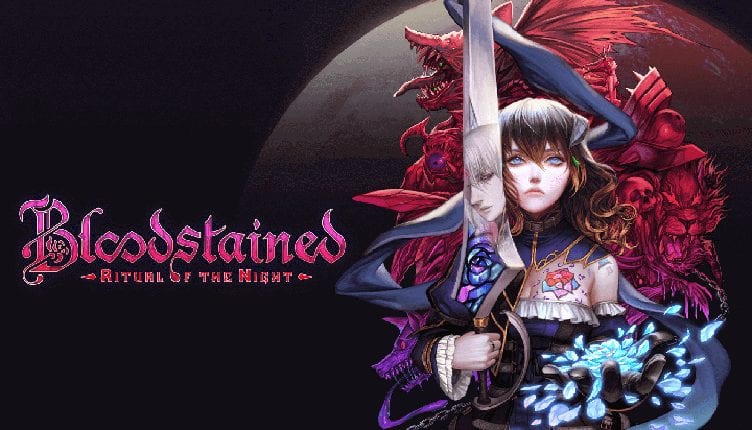 The cover art for Bloodstained Ritual of the Night. Miriam looks up at the night sky holding a large silver sword.