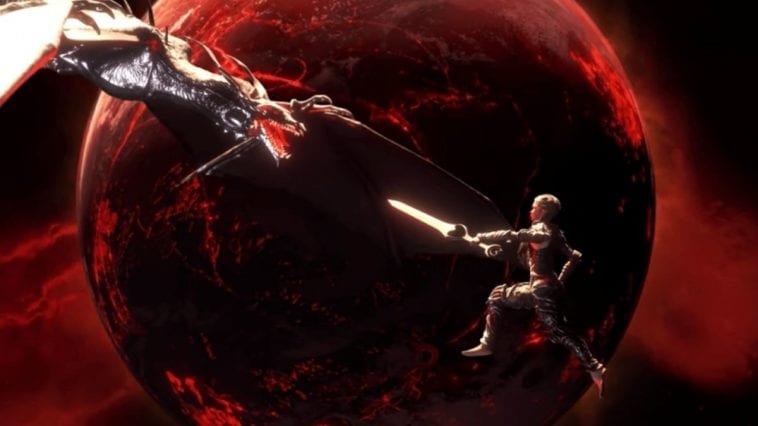 A still from the video for Grimes So Heavy I Fell Through The Earth with a knight and dragon battling in orbit