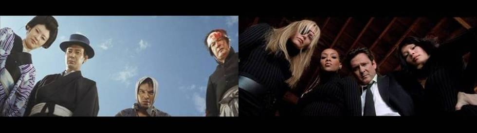 A split picture of the corresponding shots of the 4 con artists and the Deadly Vipers