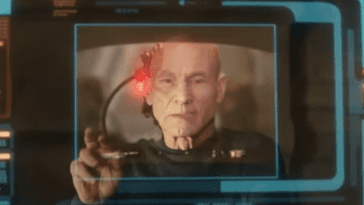 Picard S1E6 - Picard looks through a holo-image of himself as Locutus of Borg, superimpossed perfectly over his face