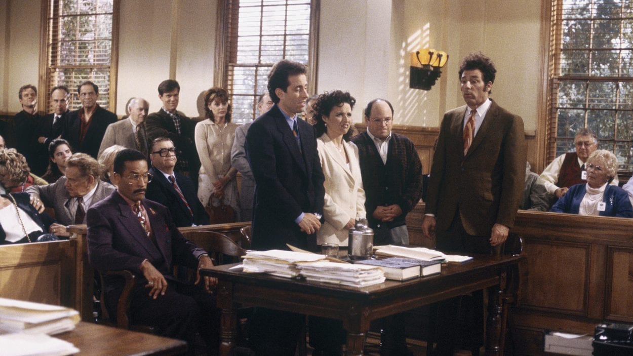 Jerry, Elaine, George, and Kramer appear in court in the Seinfeld finale episode