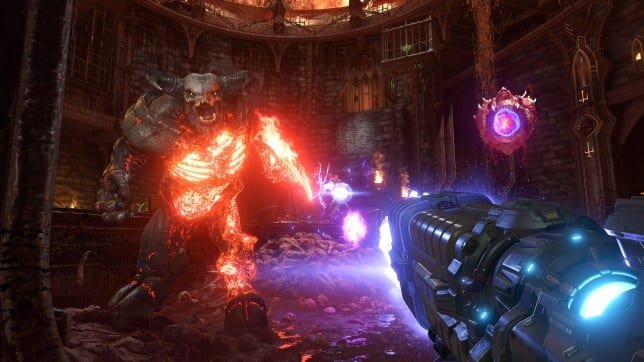 The Doom Slayer blasts away at a tall horned demon with the Plasma Rifle