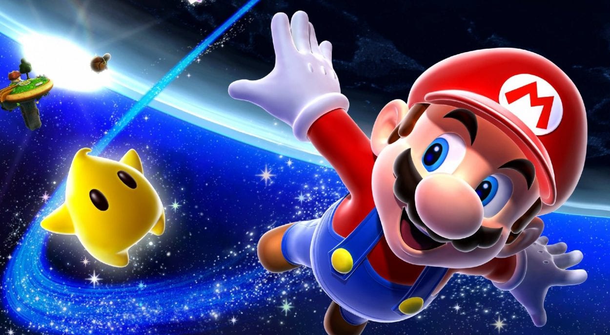 Mario soars through the galaxy with arms outspread and followed by a Luma.