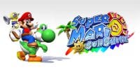 Mario rides Yoshi, pointing into the air. The Super Mario Sunshine logo sits to their right.