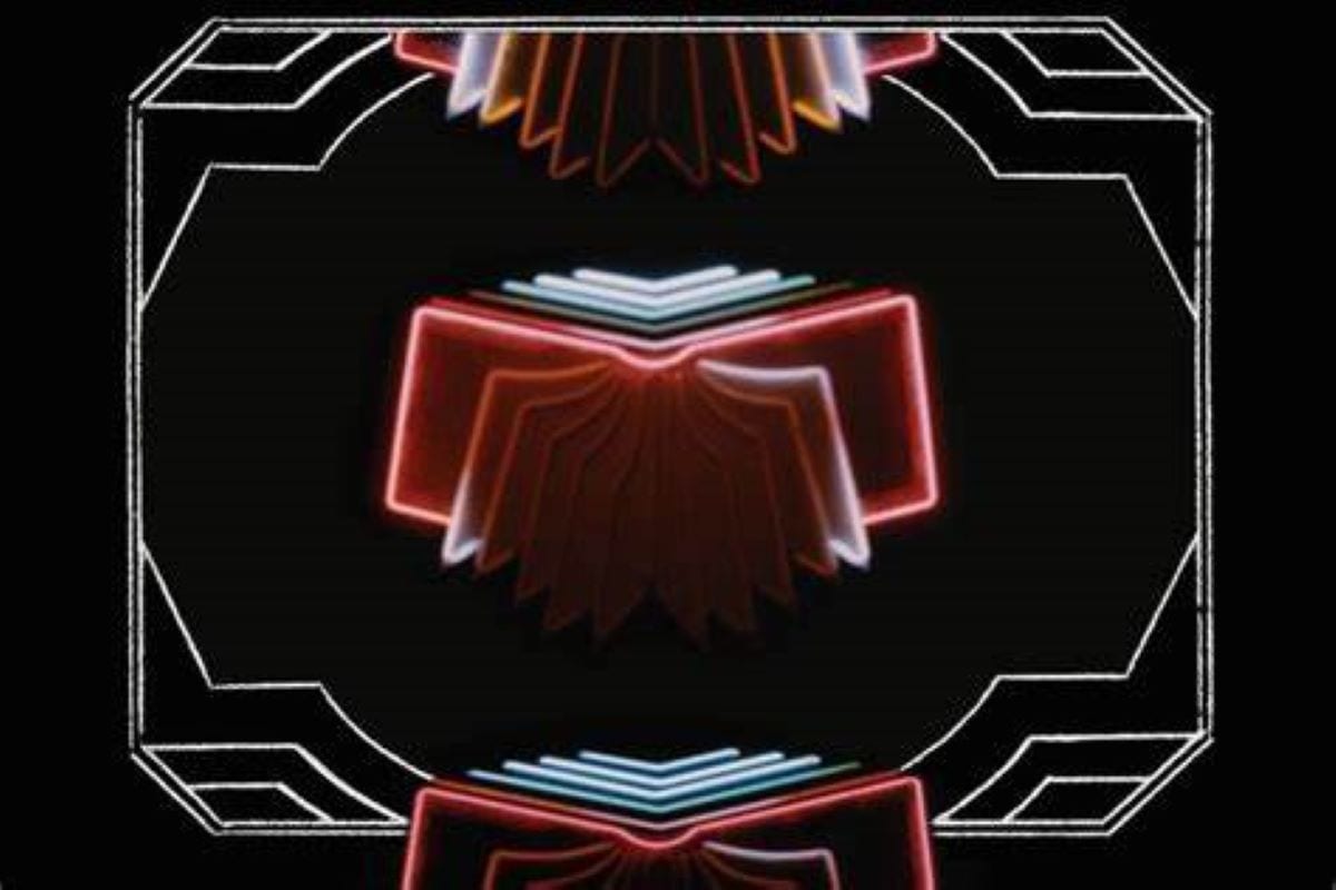 The cover album to Arcade Fire's Neon Bible, with a book laced with light.